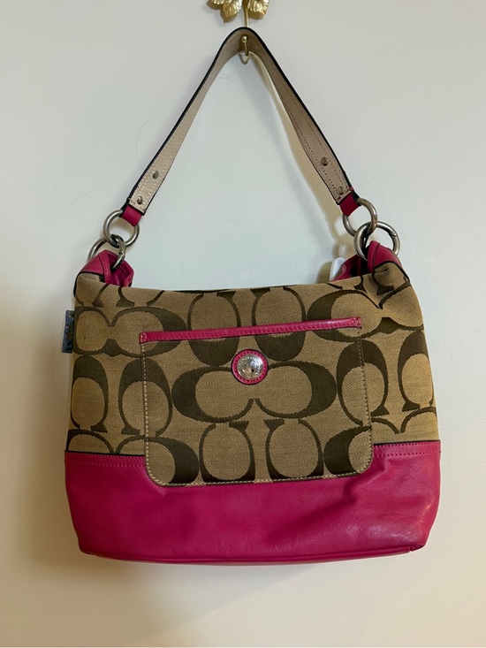 Coach Handbags - Coach Brown Signature Canvas Shoulder Bag with Pink Leather Trim